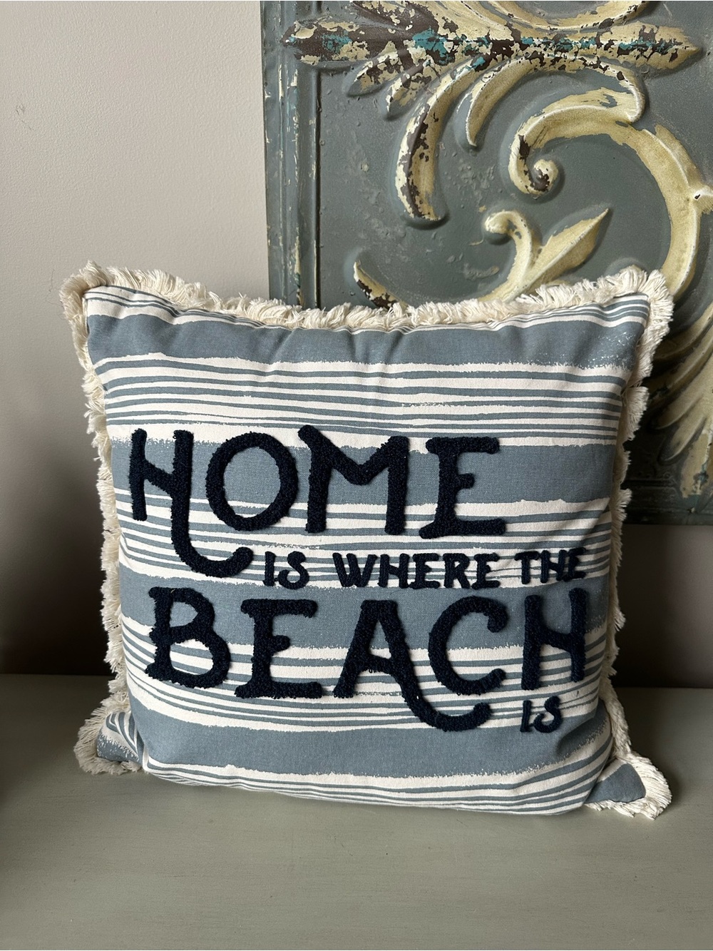 Home is where the beach is throw pillow decorative blue white